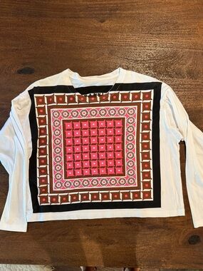 Marni White Long Sleeve Tee with Pink, Brown and Black Geometric Print